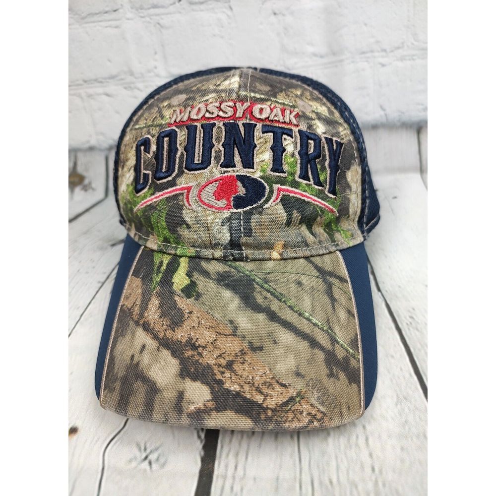 Mossy Oak Country Camo Trucker Hat Navy Blue Mesh Stretch Fit Cap L/XL